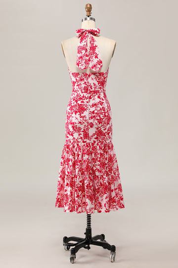 Mermaid Halter Printed Red Flower Midi Wedding Guest Dress